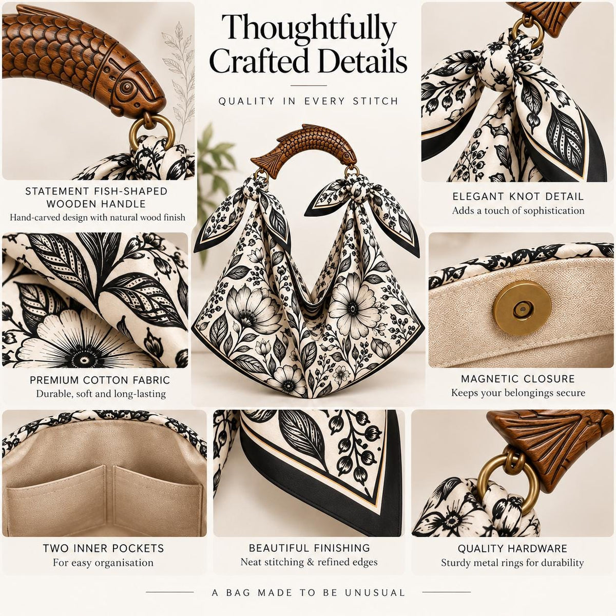 Scarf Tote Bag,  Silk Purse, Handcrafted Mango Wood Fish Handle,Black & White  Resort Bag