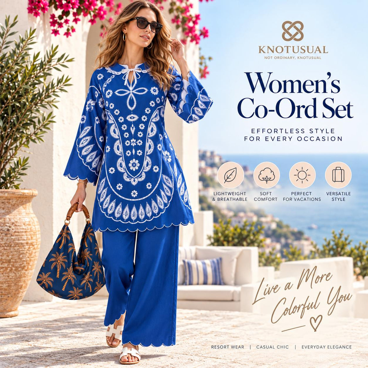 Women’s Blue Co Ord Set, Boho Printed Tunic & Wide Leg Pants, 2 Piece Outfit, Blue and White Matching Set, Resort Wear, Vacation Outfit