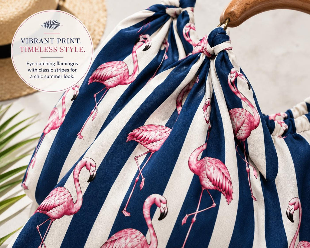 Blue White Flamingo Tote Bag, Tropical Striped Beach Shoulder Bag (Large)