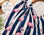Blue White Flamingo Tote Bag, Tropical Striped Beach Shoulder Bag (Large)
