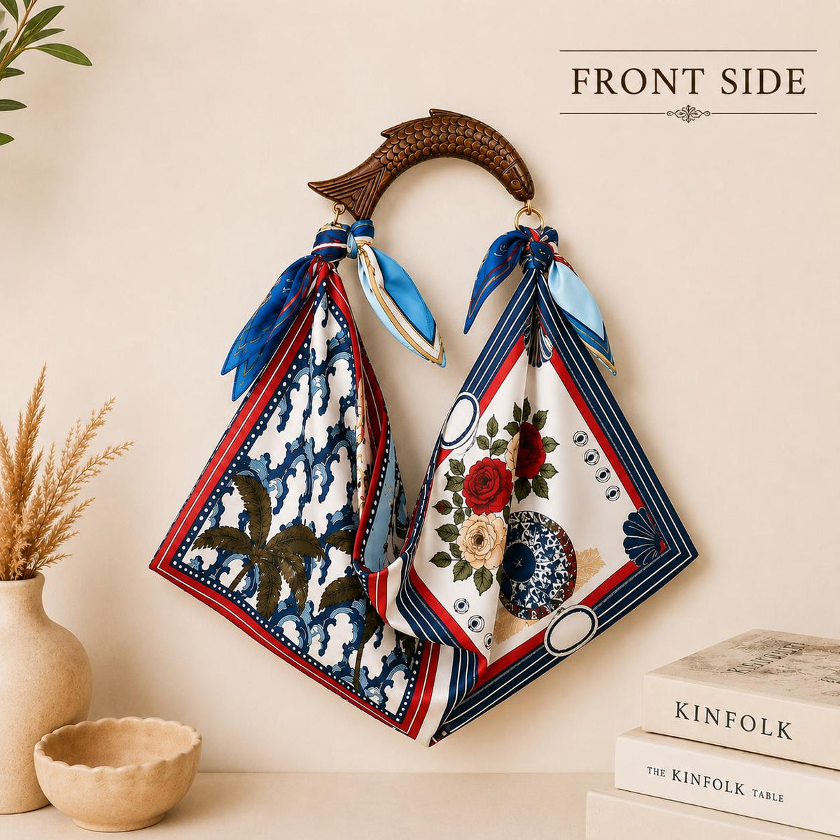 Scarf Tote Bag, Convertible Silk Purse, Handcrafted Mango Wood Fish Handle, Resort Bag
