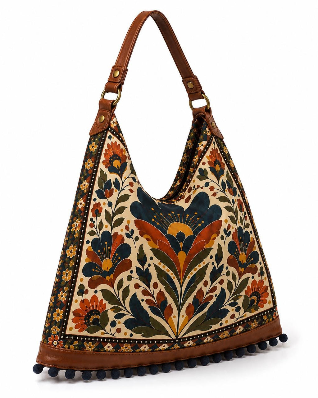 Boho Floral Hobo Bag, Handmade Tote with Genuine Leather Strap, Pom-Pom Trim