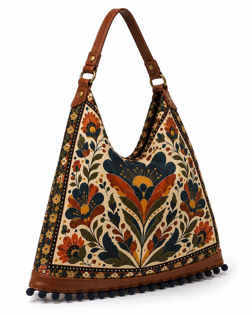 Boho Floral Hobo Bag, Handmade Tote with Genuine Leather Strap, Pom-Pom Trim