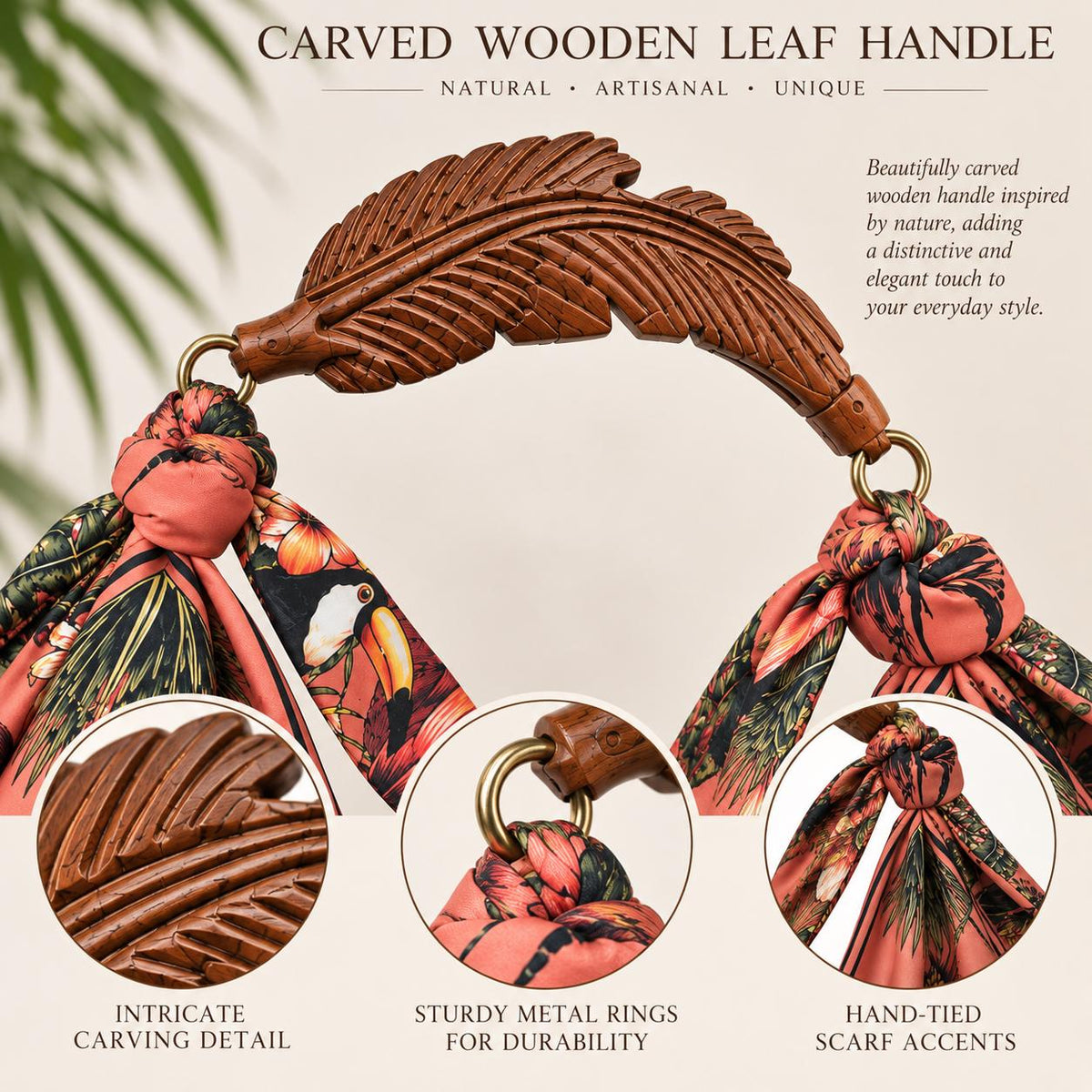 Hand-Carved Wooden Handle Hobo Bag, Tropical Parrot Palm Print Tote