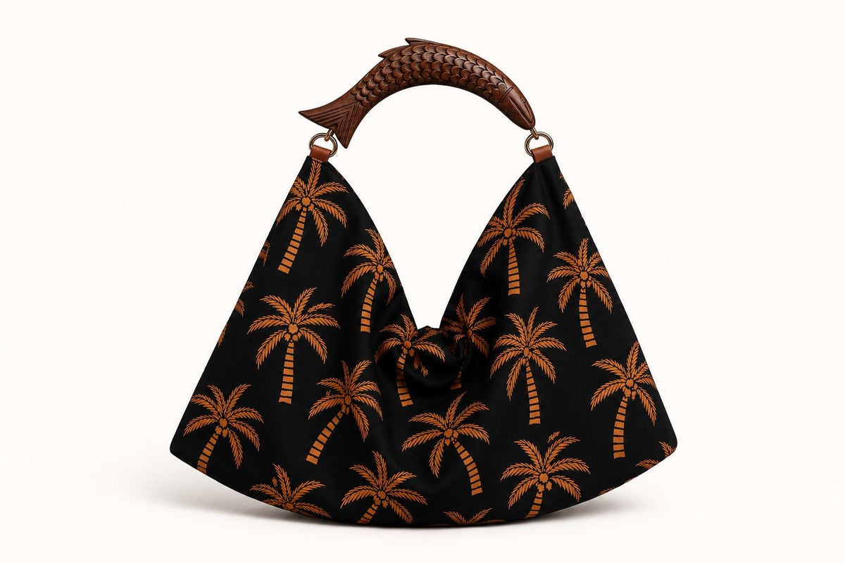 Black Palm Tree Hobo Bag, Wooden Fish Handle, Tropical Boho Shoulder Purse