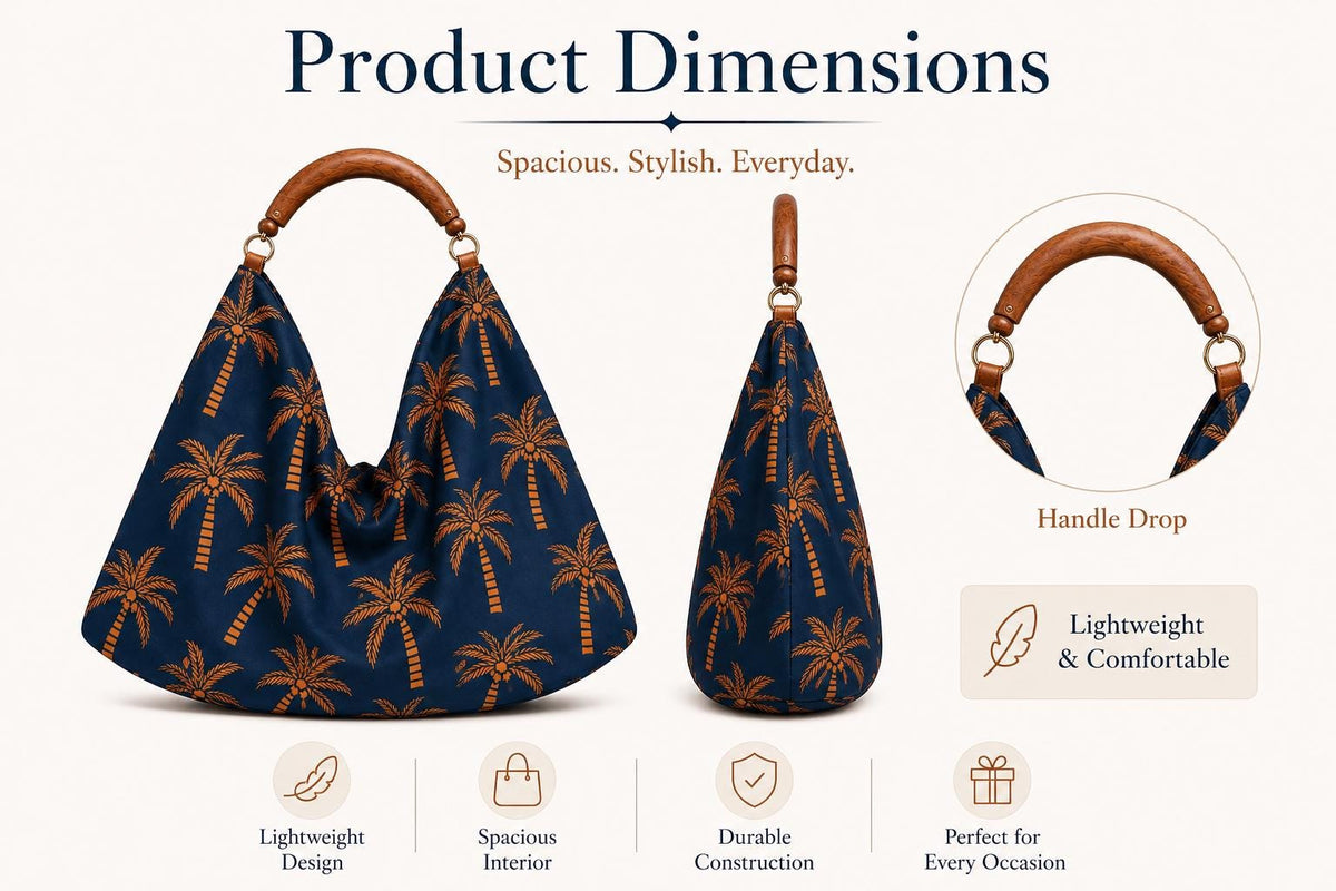 Navy Palm Tree Hobo Bag, Mango Wood Handle, Tropical Scarf Purse