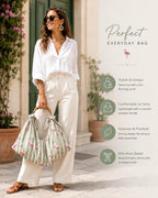 Flamingo Tote Bag, Sage Green Beach Bag with handmade wooden Handles, Tropical Summer Handbag