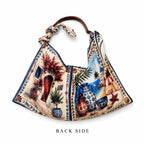 Santorini Scarf Tote Bag, Hand-Carved Wooden Handle, Greek Island Print Handbag