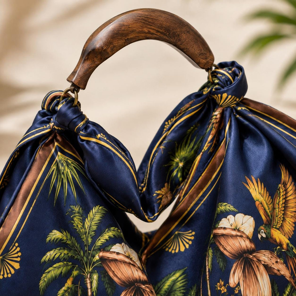 Hand-Carved Wooden Handle Hobo Bag, Tropical Parrot Palm Print Tote Royale Blue