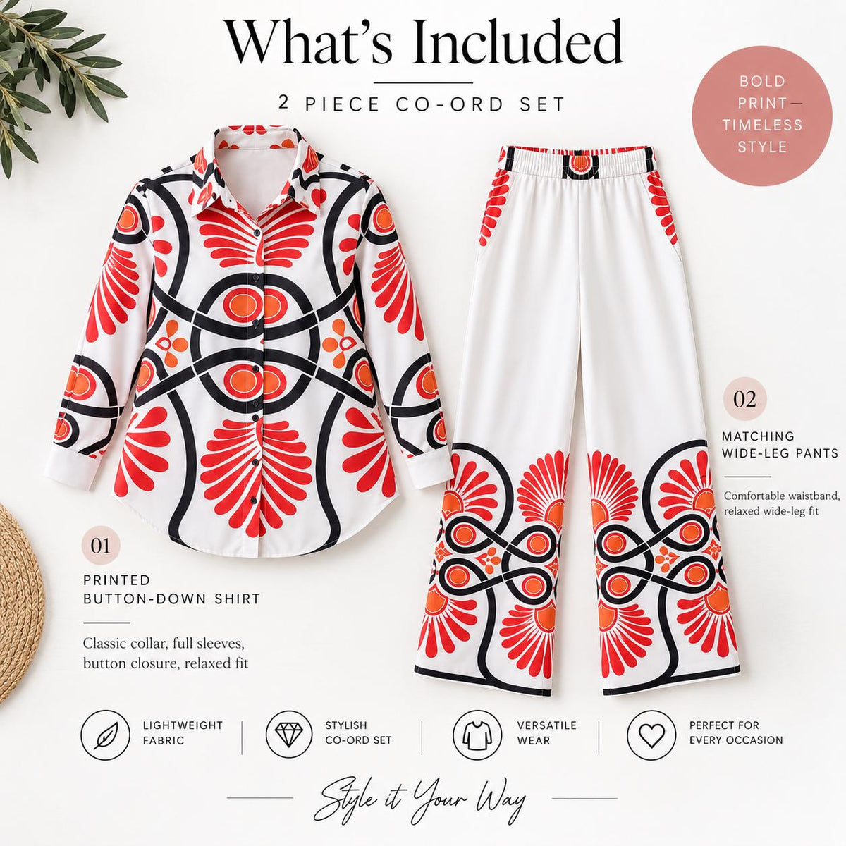 Women’s Boho Co Ord Set, Printed Shirt and Wide Leg Pants Set, Cotton Twill Blend 2 Piece Outfit, Vacation Brunch Outfit, Resort Wear