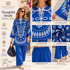 Women’s Blue Co Ord Set, Boho Printed Tunic & Wide Leg Pants, 2 Piece Outfit, Blue and White Matching Set, Resort Wear, Vacation Outfit