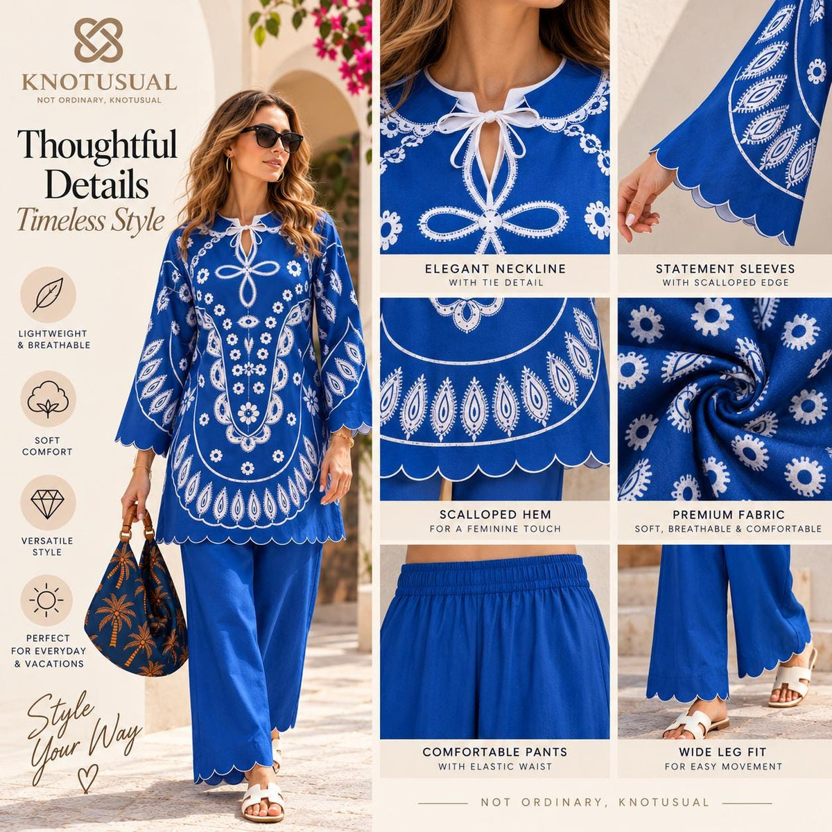 Women’s Blue Co Ord Set, Boho Printed Tunic & Wide Leg Pants, 2 Piece Outfit, Blue and White Matching Set, Resort Wear, Vacation Outfit