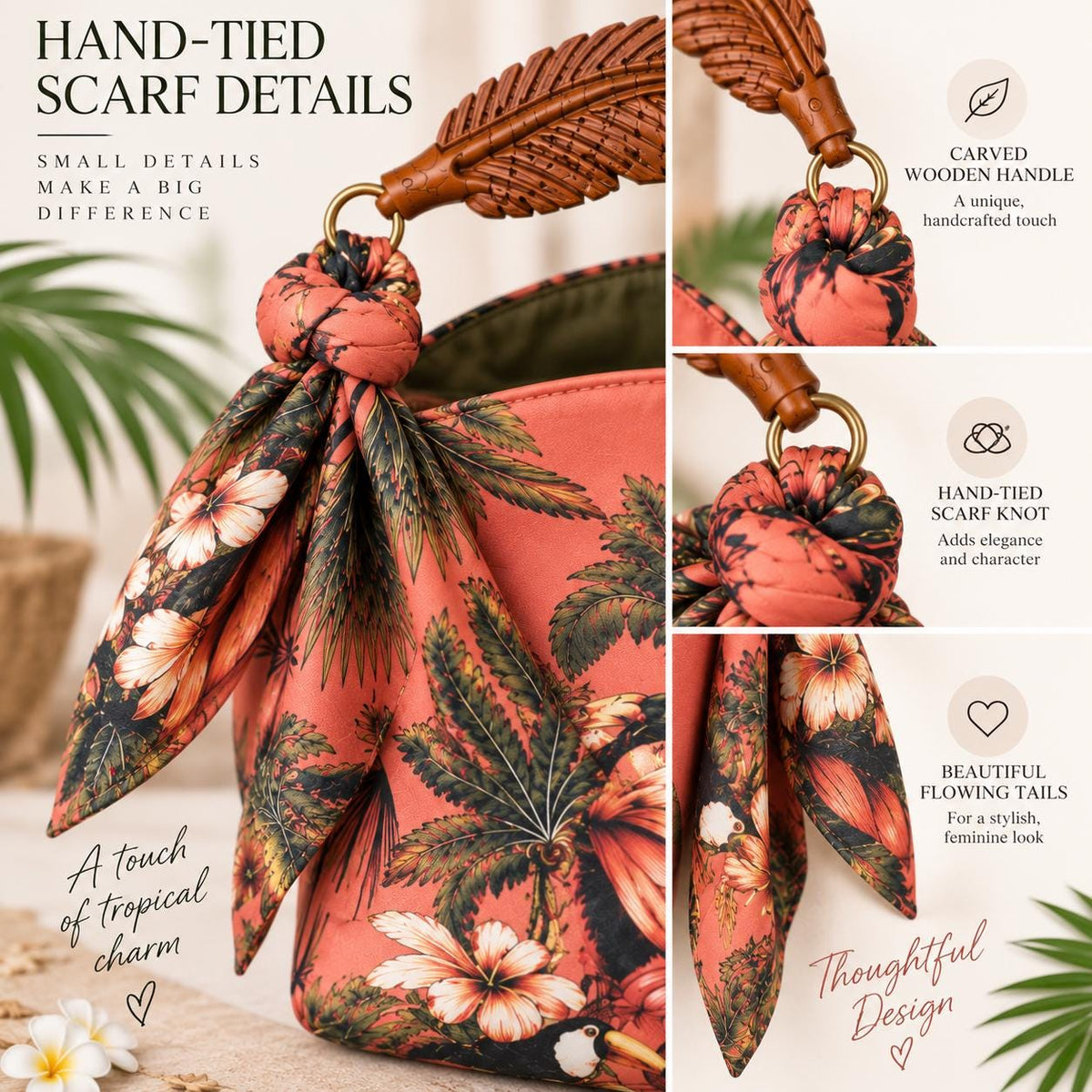 Hand-Carved Wooden Handle Hobo Bag, Tropical Parrot Palm Print Tote