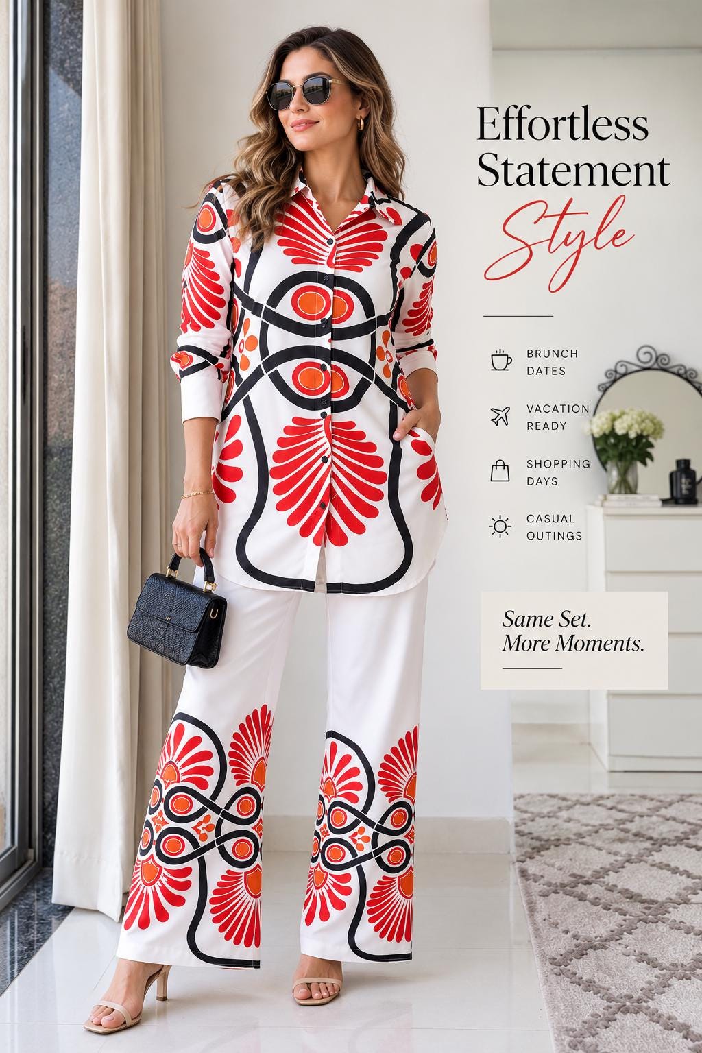 Women’s Boho Co Ord Set, Printed Shirt and Wide Leg Pants Set, Cotton Twill Blend 2 Piece Outfit, Vacation Brunch Outfit, Resort Wear