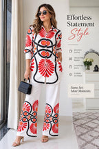Women’s Boho Co Ord Set, Printed Shirt and Wide Leg Pants Set, Cotton Twill Blend 2 Piece Outfit, Vacation Brunch Outfit, Resort Wear