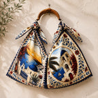 Santorini Scarf Tote Bag, Hand-Carved Wooden Handle, Greek Island Print Handbag