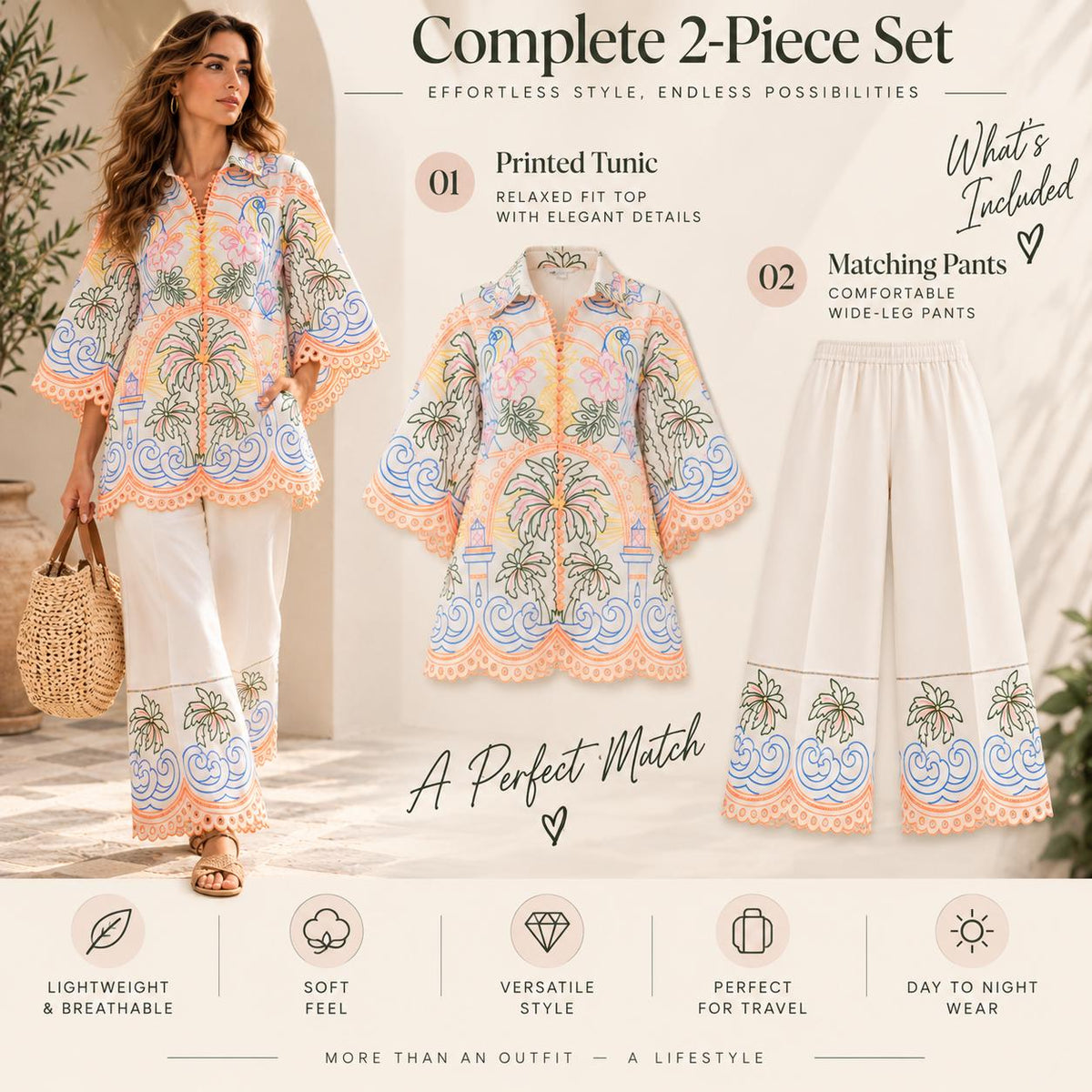 Women’s Boho Co Ord Set, Printed Shirt and Wide Leg Pants, 2 Piece Outfit, Vacation Outfit, Resort Wear, Matching Set, Summer Style
