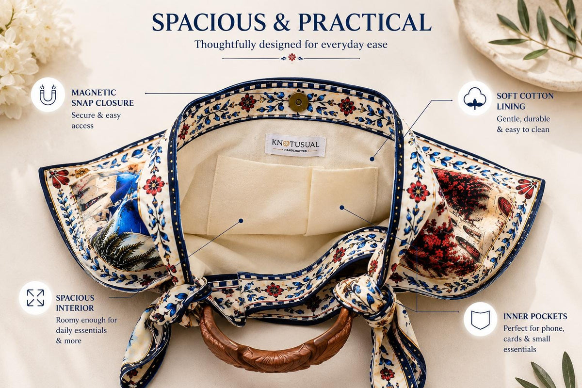 Santorini Scarf Tote Bag, Hand-Carved Wooden Handle, Greek Island Print Handbag