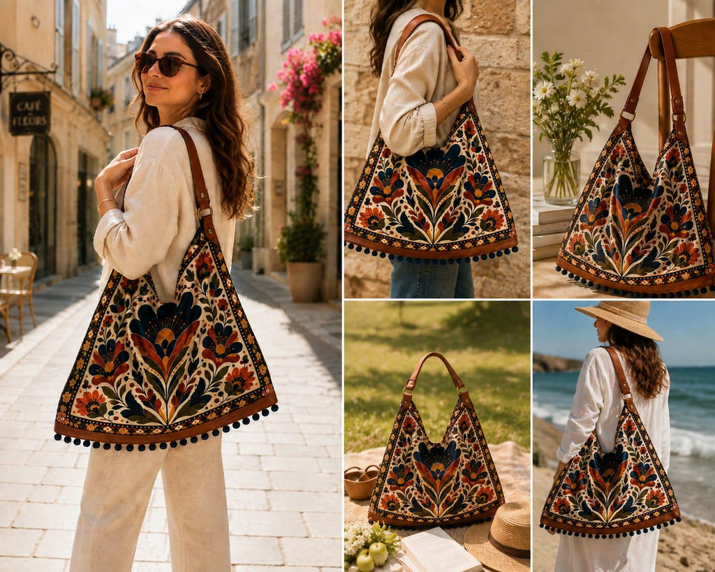 Boho Floral Hobo Bag, Handmade Tote with Genuine Leather Strap, Pom-Pom Trim