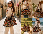 Boho Floral Hobo Bag, Handmade Tote with Genuine Leather Strap, Pom-Pom Trim