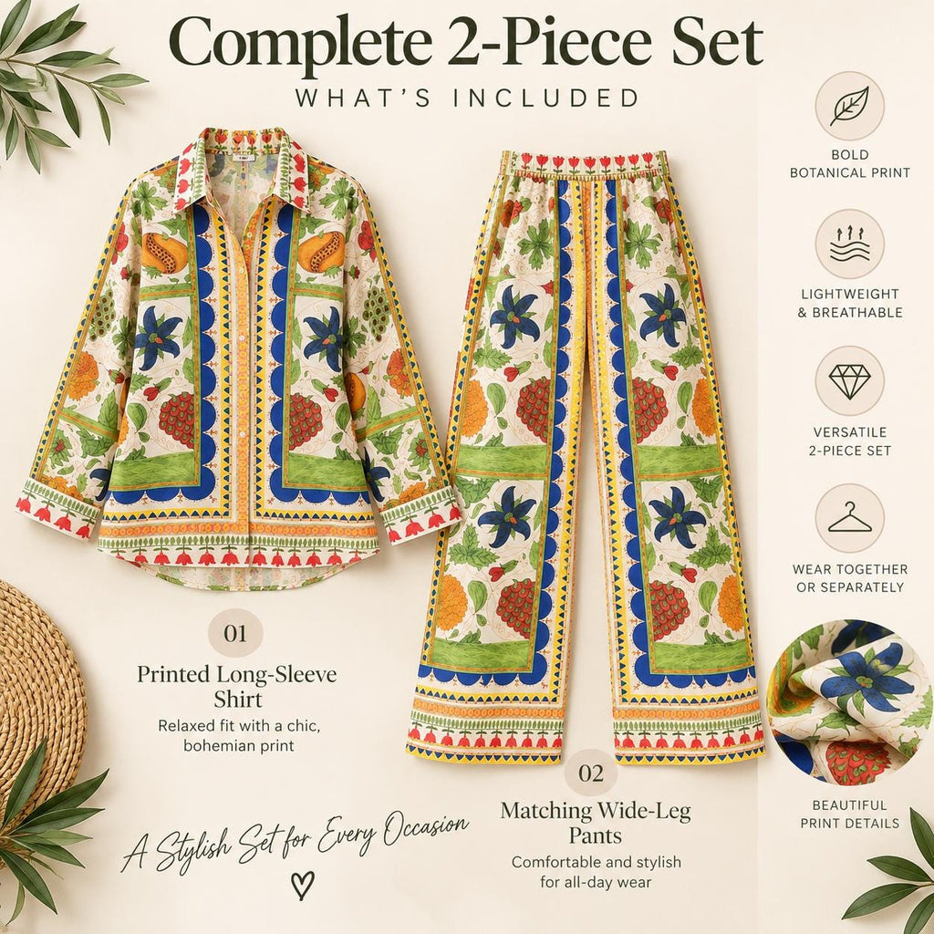 Women’s Boho Co Ord Set, Printed Shirt and Wide Leg Pants, 2 Piece Outfit, Vacation Outfit, Resort Wear, Matching Set, Summer Style