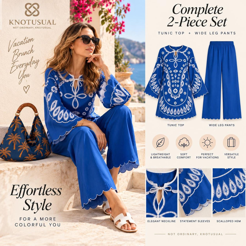 Women’s Blue Co Ord Set, Boho Printed Tunic & Wide Leg Pants, 2 Piece Outfit, Blue and White Matching Set, Resort Wear, Vacation Outfit