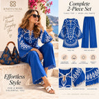 Women’s Blue Co Ord Set, Boho Printed Tunic & Wide Leg Pants, 2 Piece Outfit, Blue and White Matching Set, Resort Wear, Vacation Outfit