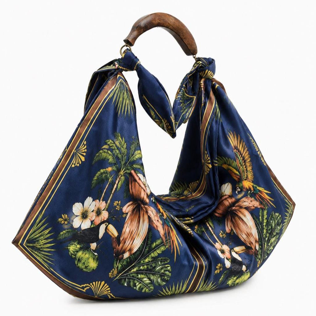 Hand-Carved Wooden Handle Hobo Bag, Tropical Parrot Palm Print Tote Royale Blue