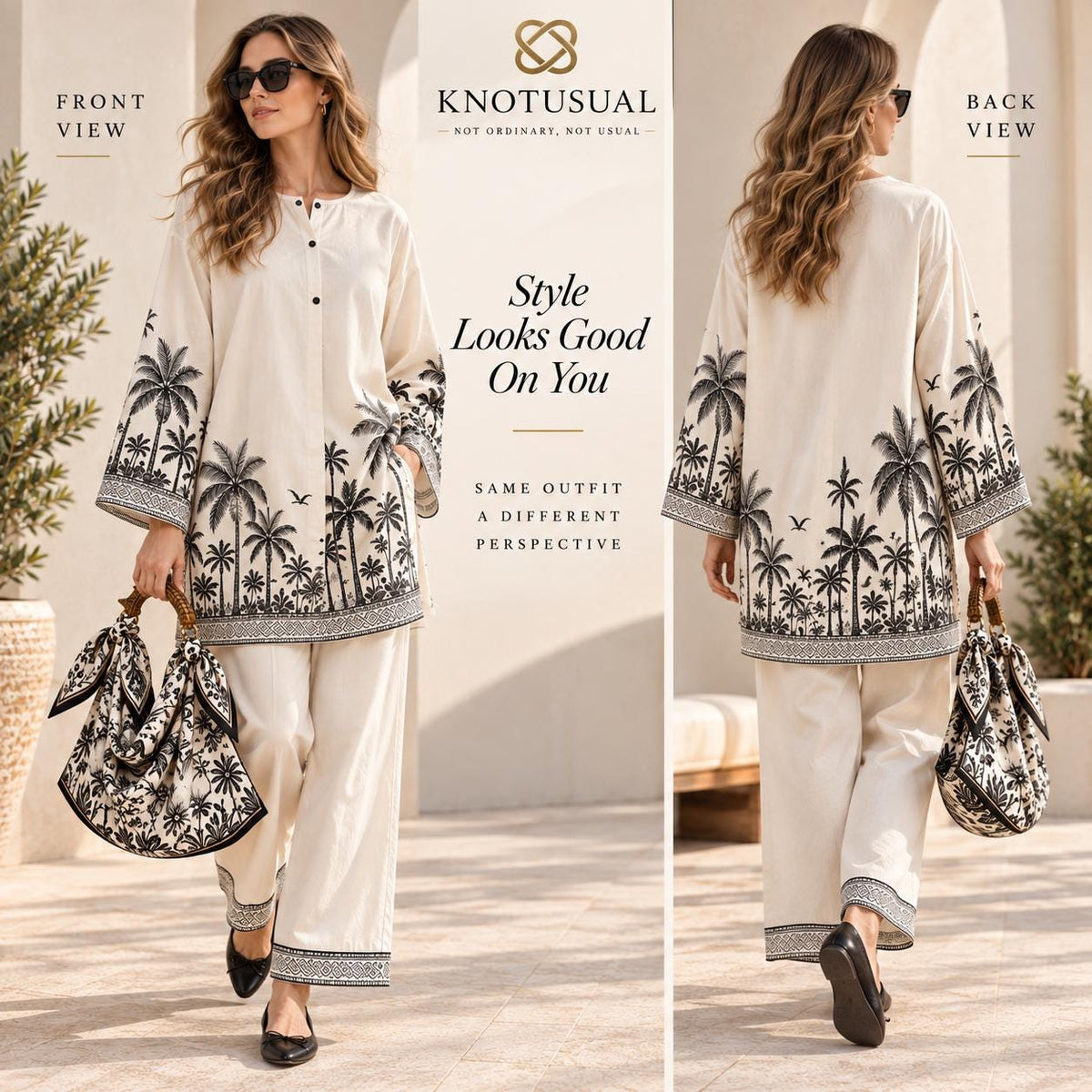 Women’s Cotton Co Ord Set, Boho Two Piece Outfit, Black & White Palm Print Tunic Set, Wide Leg Pants, Resort Wear, Vacation Outfit