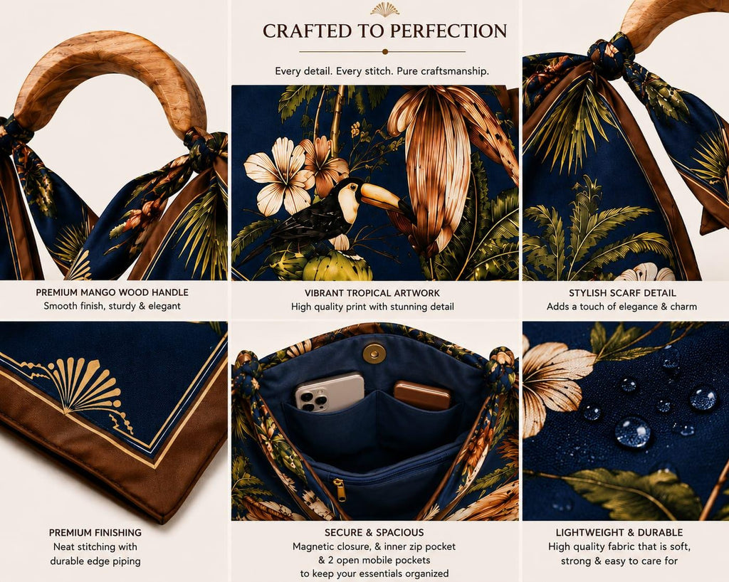Hand-Carved Wooden Handle Hobo Bag, Tropical Parrot Palm Print Tote Royale Blue
