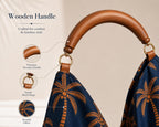 Navy Palm Tree Hobo Bag, Mango Wood Handle, Tropical Scarf Purse