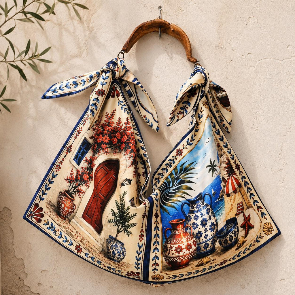 Santorini Scarf Tote Bag, Hand-Carved Wooden Handle, Greek Island Print Handbag