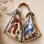 Santorini Scarf Tote Bag, Hand-Carved Wooden Handle, Greek Island Print Handbag