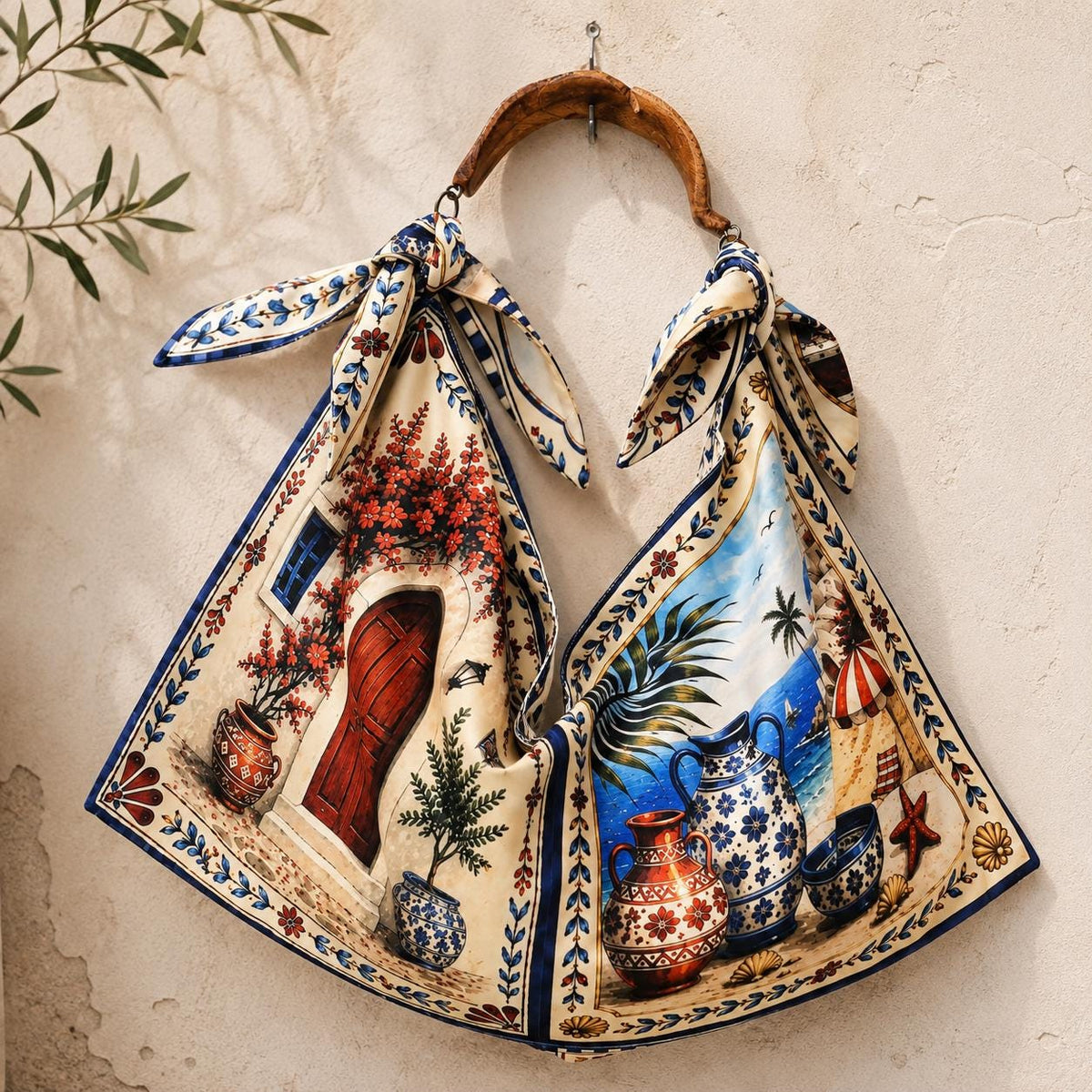 Santorini Scarf Tote Bag, Hand-Carved Wooden Handle, Greek Island Print Handbag