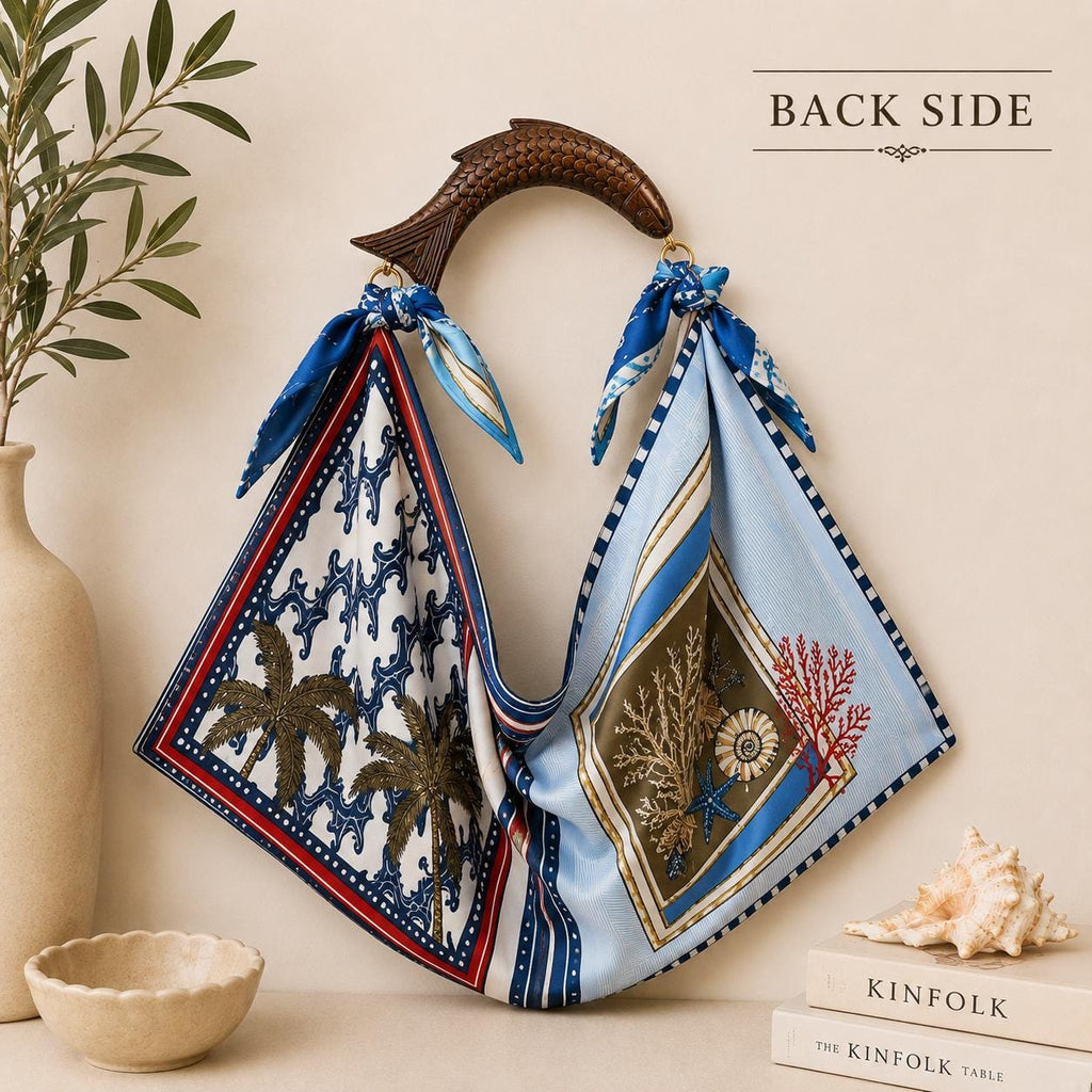 Scarf Tote Bag, Convertible Silk Purse, Handcrafted Mango Wood Fish Handle, Resort Bag