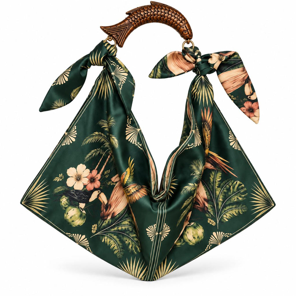 Hand-Carved Wooden Handle Hobo Bag, Tropical Parrot Palm Print Tote
