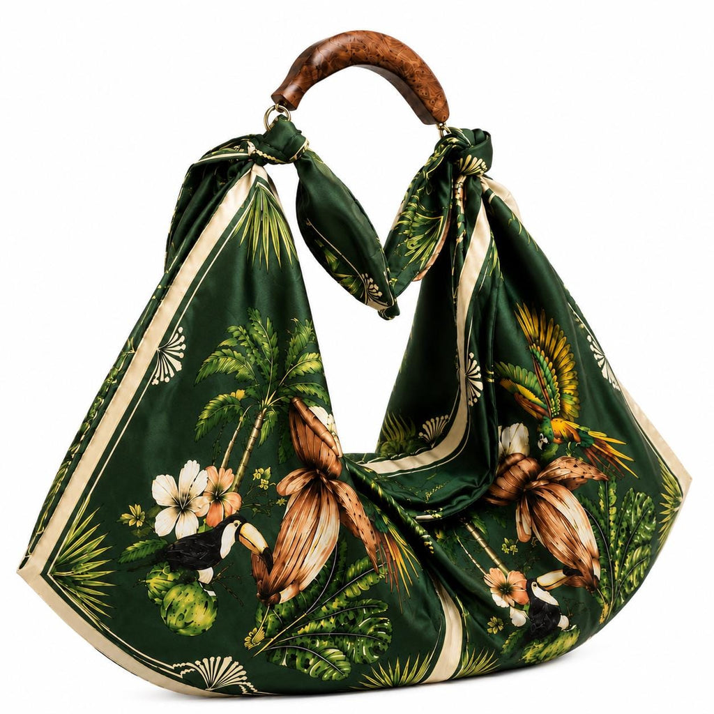 Hand-Carved Wooden Handle Hobo Bag, Tropical Parrot Palm Print Tote