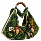 Hand-Carved Wooden Handle Hobo Bag, Tropical Parrot Palm Print Tote