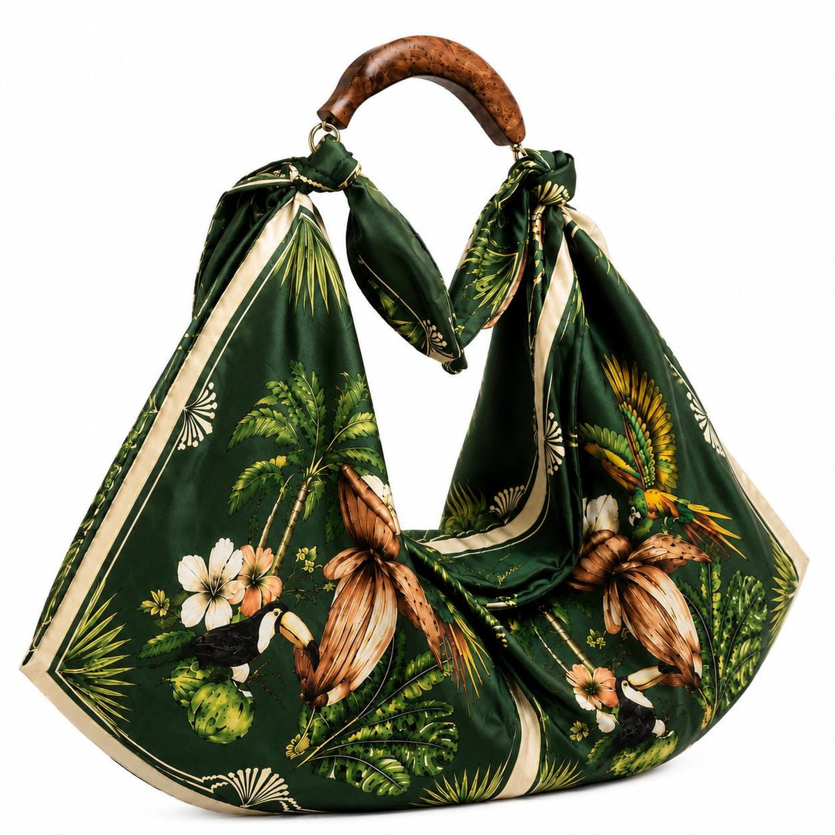 Hand-Carved Wooden Handle Hobo Bag, Tropical Parrot Palm Print Tote