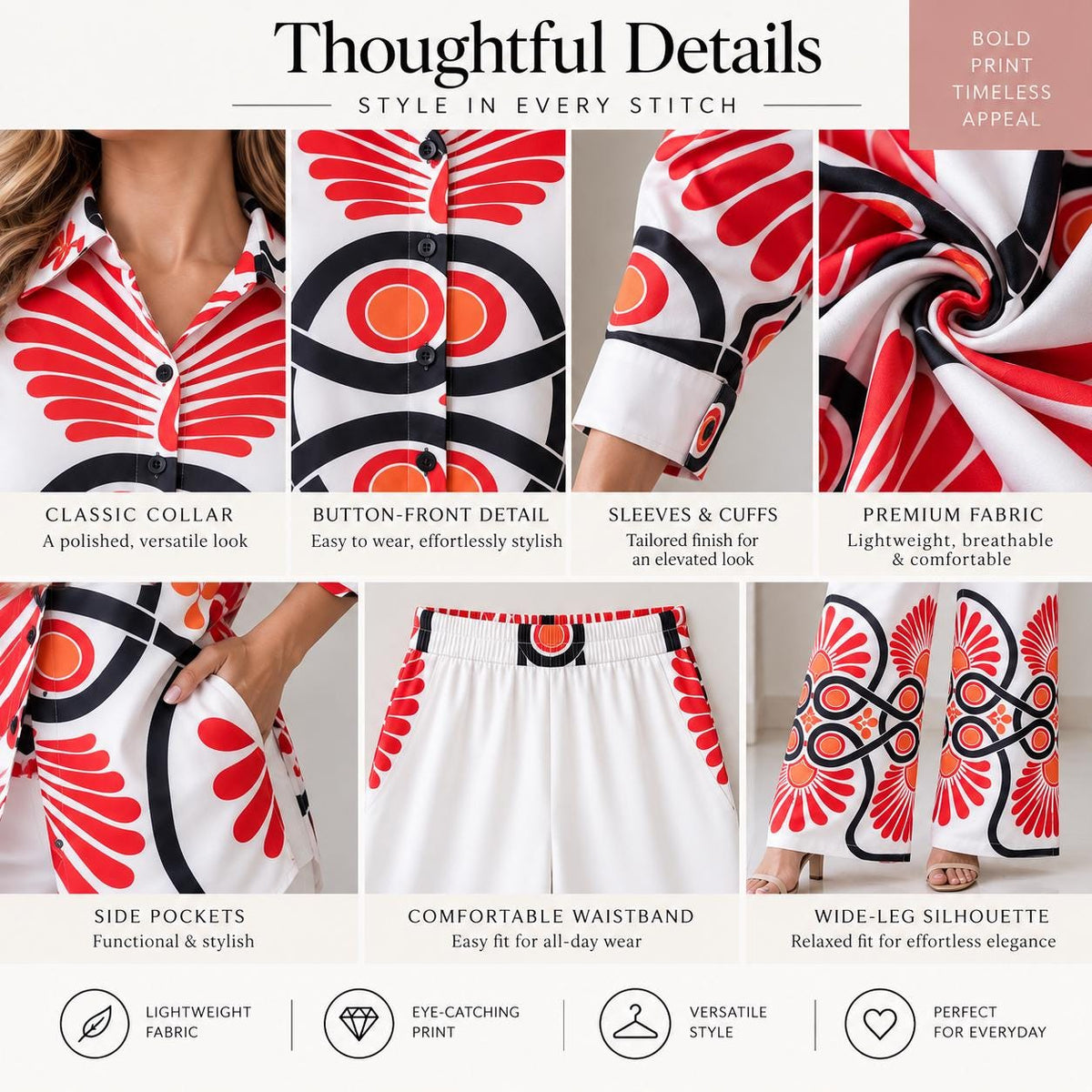 Women’s Boho Co Ord Set, Printed Shirt and Wide Leg Pants Set, Cotton Twill Blend 2 Piece Outfit, Vacation Brunch Outfit, Resort Wear
