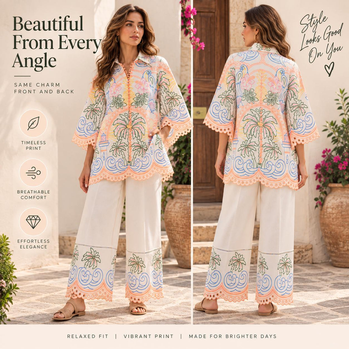 Women’s Boho Co Ord Set, Printed Shirt and Wide Leg Pants, 2 Piece Outfit, Vacation Outfit, Resort Wear, Matching Set, Summer Style