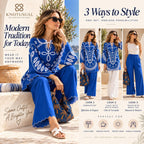 Women’s Blue Co Ord Set, Boho Printed Tunic & Wide Leg Pants, 2 Piece Outfit, Blue and White Matching Set, Resort Wear, Vacation Outfit