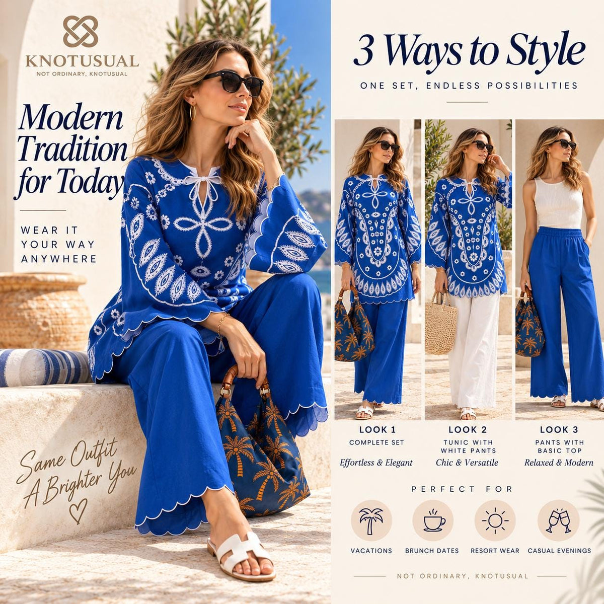 Women’s Blue Co Ord Set, Boho Printed Tunic & Wide Leg Pants, 2 Piece Outfit, Blue and White Matching Set, Resort Wear, Vacation Outfit