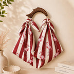 Pink Flamingo Bamboo Handle Tote Bag, Red Striped Beach Purse, Resortwear Gift