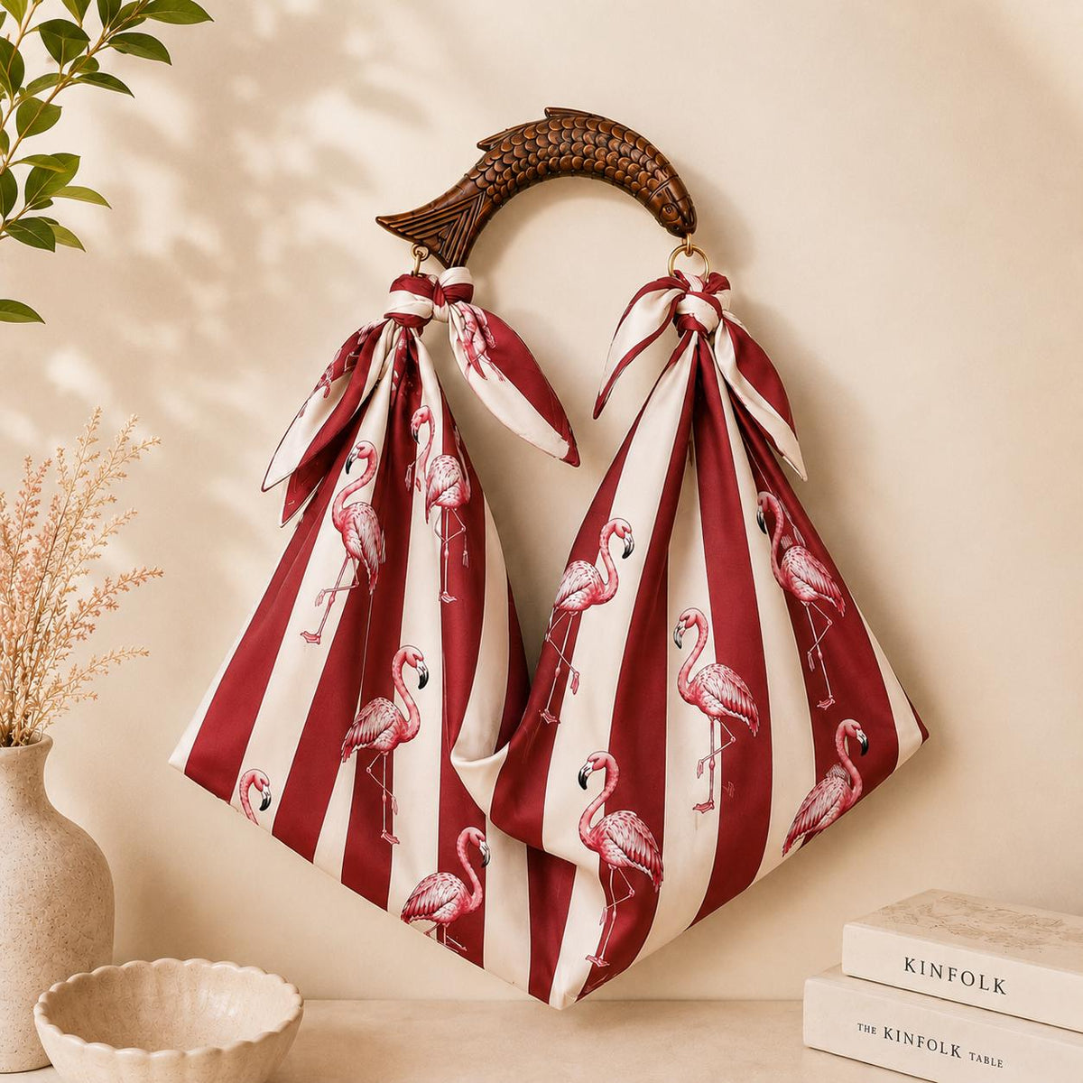 Pink Flamingo Bamboo Handle Tote Bag, Red Striped Beach Purse, Resortwear Gift