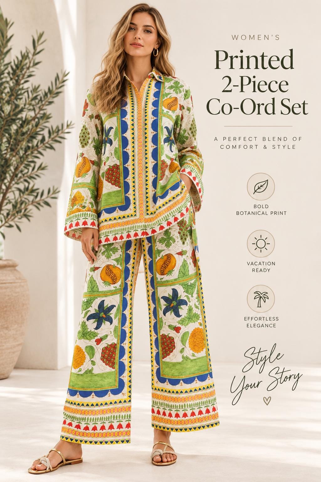 Women’s Boho Co Ord Set, Printed Shirt and Wide Leg Pants, 2 Piece Outfit, Vacation Outfit, Resort Wear, Matching Set, Summer Style