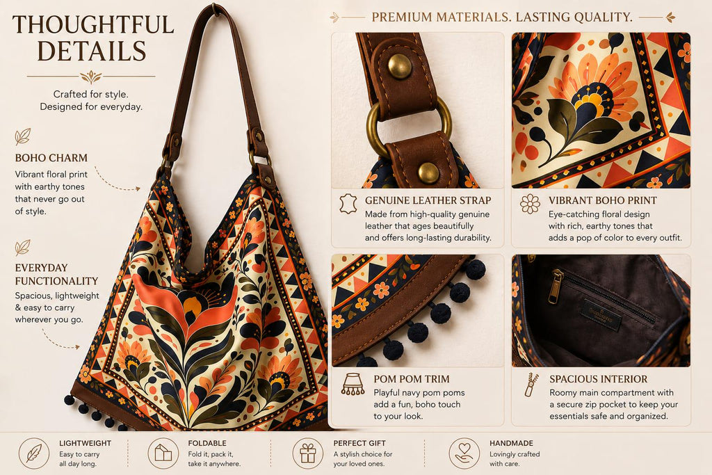 Boho Floral Hobo Bag, Handmade Tote with Genuine Leather Strap, Pom-Pom Trim