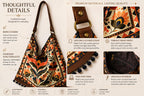 Boho Floral Hobo Bag, Handmade Tote with Genuine Leather Strap, Pom-Pom Trim