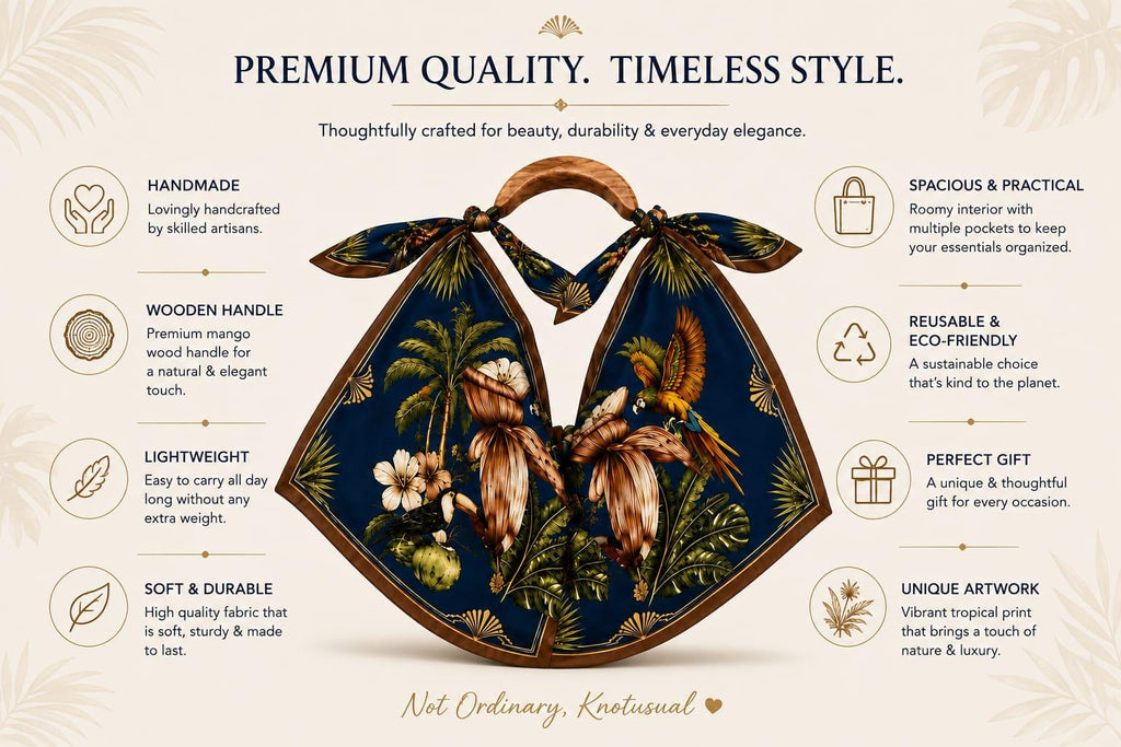 Hand-Carved Wooden Handle Hobo Bag, Tropical Parrot Palm Print Tote Royale Blue