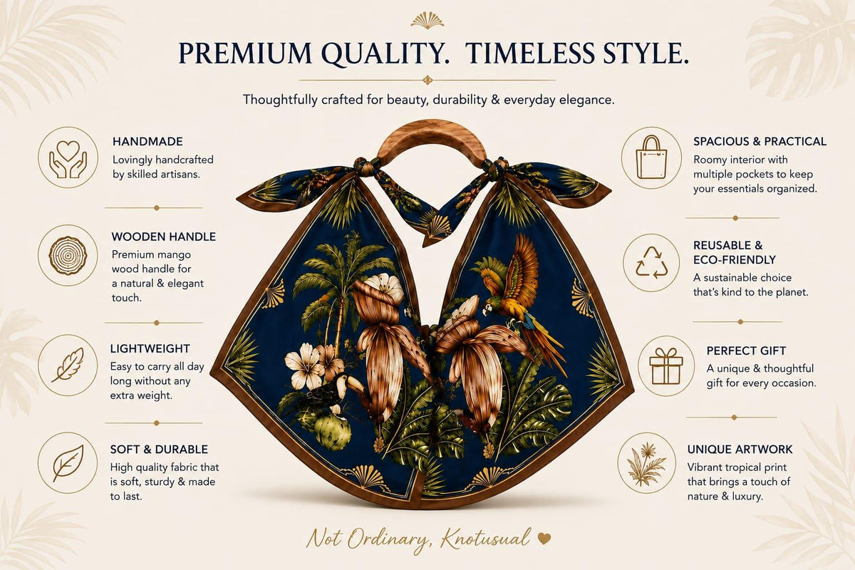 Hand-Carved Wooden Handle Hobo Bag, Tropical Parrot Palm Print Tote Royale Blue